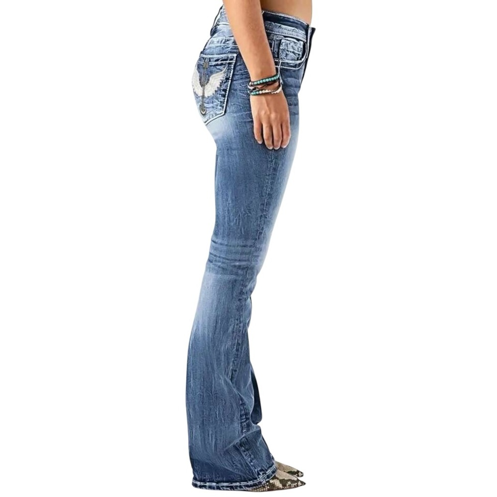 Wing and Arrow Embroidery Pockets Flared Denim Jeans Women's Small - Picture 3 of 14